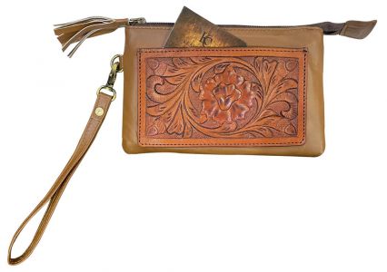 Klassy Cowgirl Genuine Leather Clutch Wristlet with floral tooling accent
