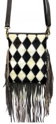Klassy Cowgirl Leather Crossbody Bag with diamond pattern hair on cowhide and fringe