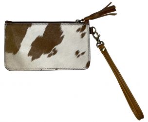 Klassy Cowgirl Hair on Cowhide Clutch Wristlet - brown and white