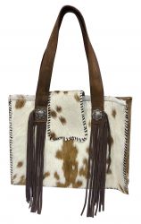 Klassy Cowgirl Brown & White Hair on Cowhide Shoulder Bag with suede fringe accent