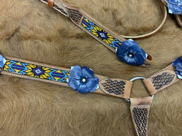 Showman Aztec beaded Headstall and Breast collar Set with 3D blue leather painted flower accents #3