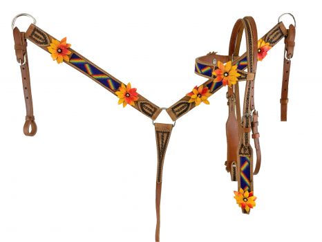 Showman Rainbow beaded Headstall and Breast collar Set with 3D leather painted flower accents