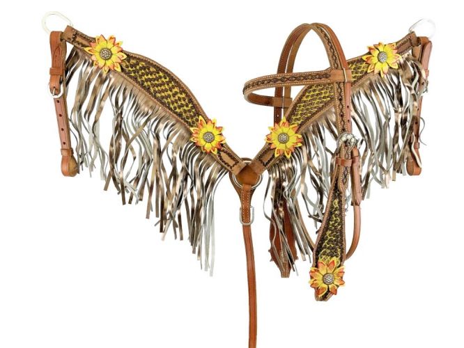 Showman Painted 3D yellow Floral Accent Browband Headstall and Breast collar Set with Fringe