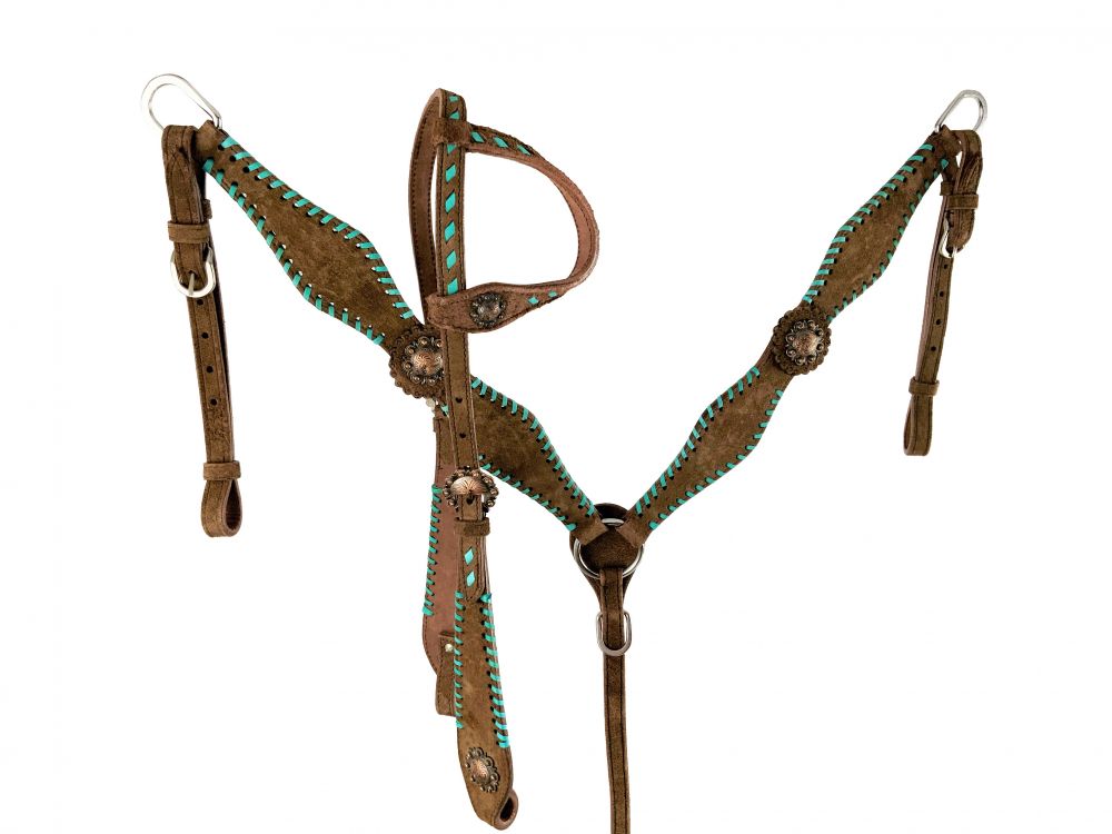 Showman One Ear Chocolate Rough Out Headstall and Breast Collar Set with Teal lacing