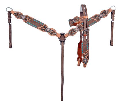Showman Chocolate Oiled Browband Headstall and Breast Collar Set with teal buck stitch Tooling