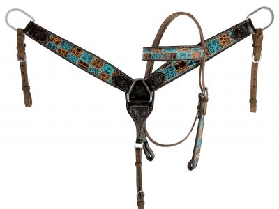 Showman Teal Gator patchwork Browband Headstall & Breast collar set