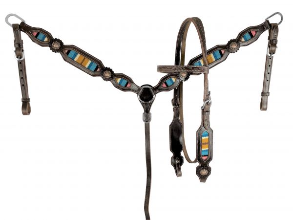 Showman Dark oil leather Browband Headstall &amp; Breast collar set with wool southwest blanket inlay