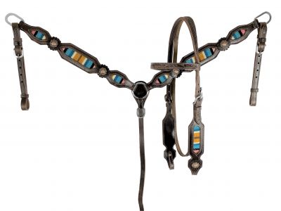 Showman Dark oil leather Browband Headstall & Breast collar set with wool southwest blanket inlay