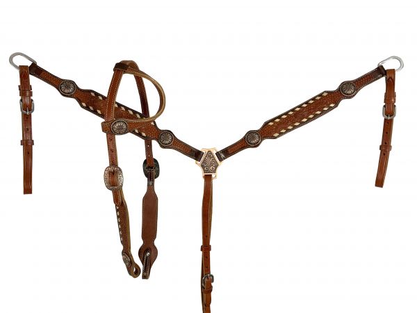 Showman Floral tooled Leather One Ear Headstall and Breast Collar Set