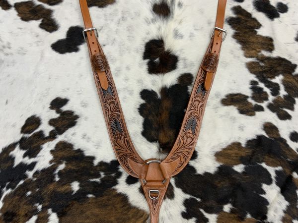 Showman Floral Tooled Medium Leather Pulling Collar with Black Rawhide Lacing #2