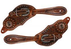 Showman Youth size basket weave tooled spur straps with copper accents