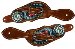 Showman Youth size floral tooled spur straps with metallic paint and aqua crystals