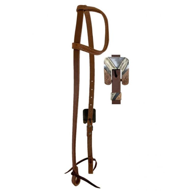Showman Argentina Cow Leather One Ear Headstall with Silver and Copper Overlays