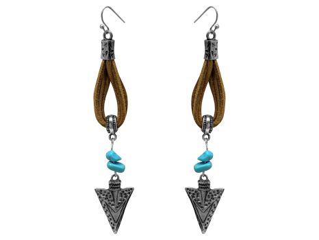 Leather earrings with hook back, features silver arrowhead and turquoise accents