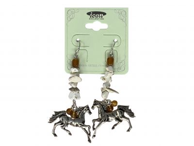 Silver running horse charm earrings with hook back and white stone accents