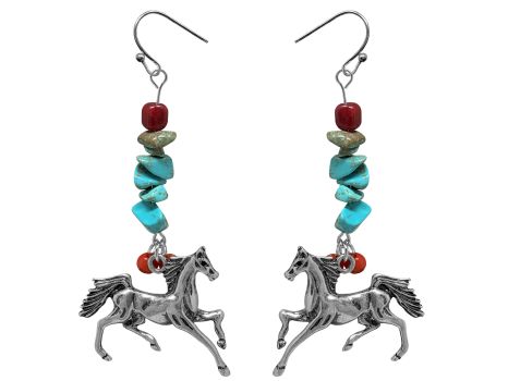 Silver running horse charm earrings with hook back and turquoise stone accents