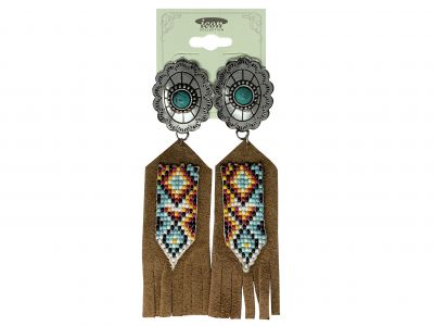 Concho Earrings with beaded leather accents - white and blue