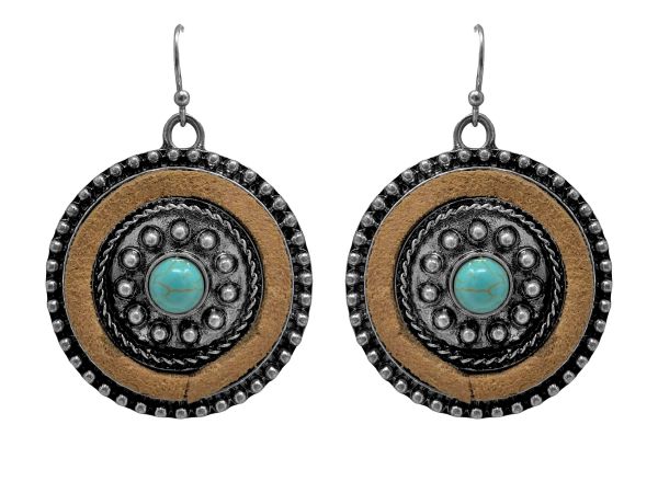 Western Concho Style Earrings With Turquoise Stone and Brown Suede