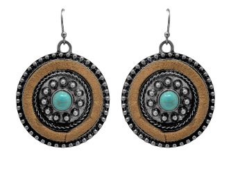 Western Concho Style Earrings With Turquoise Stone and Brown Suede
