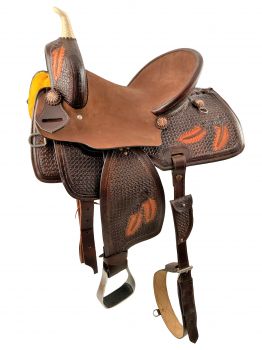 15" Hard Seat Barrel style western saddle with Basket and feather tooling