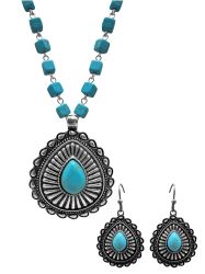 Western Concho Pendant Cube Beaded Necklace and Earrings Set