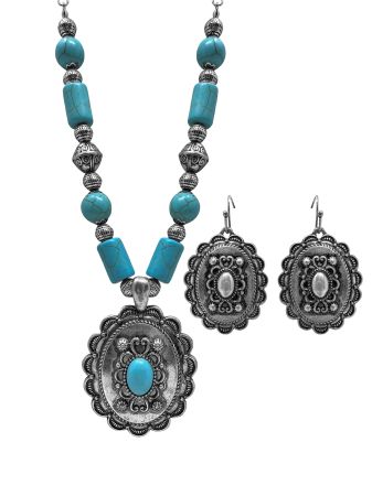 Western Statement Silver Tone Turquoise Stone Necklace and Earrings Set