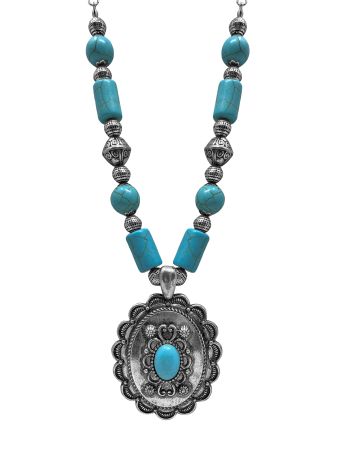 Western Statement Silver Tone Turquoise Stone Necklace and Earrings Set #3