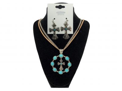 Turquoise cross earring and round necklace set
