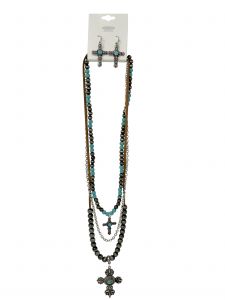 Turquoise cross earring and beaded necklace set