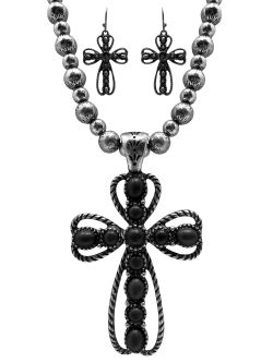 Western Statement Silver Cross Necklace and Earrings Set