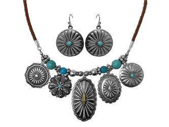Western Style Concho Charms on Vegan Leather Braided Cord Necklace and Earrings Set