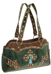 P&G Teal filigree PU leather purse with brown gator print trim