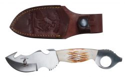 The Bone Collector Fixed blade knife with thumb hole bone handle and leather holster