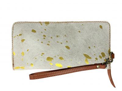 Showman White and Gold Printed Hair on Cowhide Clutch Wristlet