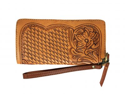 Showman Genuine medium Leather Clutch Wristlet with floral basket weave tooling
