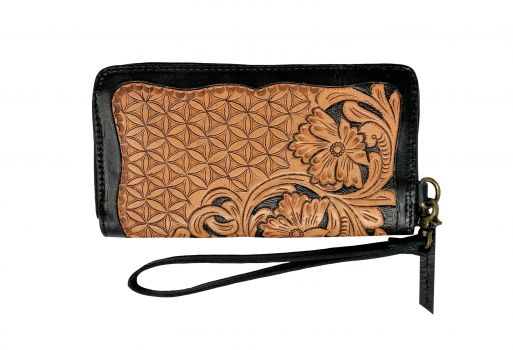 Showman Genuine Leather Clutch Wristlet with floral basket weave tooling
