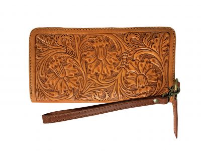 Showman Genuine Leather Clutch Wristlet with floral tooling