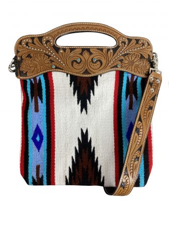 Showman Saddle Blanket Handbag With Genuine Leather Floral Tooled Top, Handle, and Strap