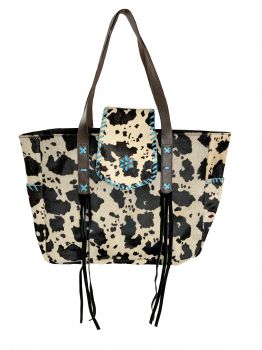 Showman Cow Print Hair on Cowhide Tote Bag with Fringe