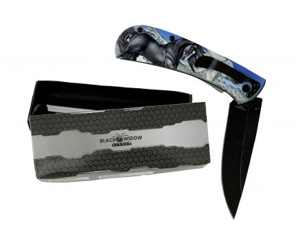 8" Horse Printed Tactical Knife with Clip - blue