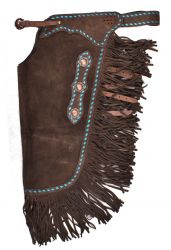 Showman Dark Brown Suede leather chinks with turquoise buckstitch