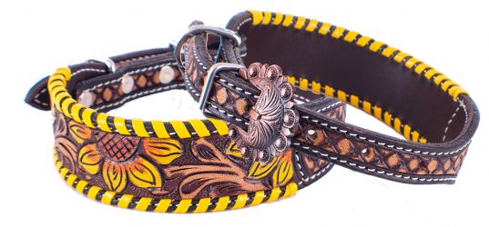 Showman Couture Sunflower tooled leather dog collar with yellow leather laced trim