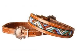 Showman Couture Genuine leather dog collar with red, white, periwinkle, mint, and gold beaded inlay