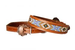 Showman Couture Genuine leather dog collar with periwinkle, mint, gold, and white beaded inlay