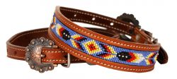 Showman Couture Beaded inlay leather dog collar with copper buckle - periwinkle, red, and yellow
