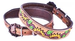 Showman Couture Hand Painted Sunflowers and Cactus leather dog collar with copper buckle
