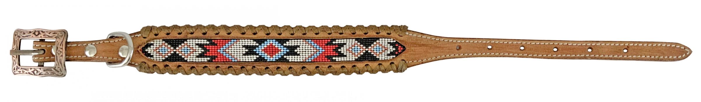 Showman Couture Genuine leather dog collar with beaded inlay - red, white, and black