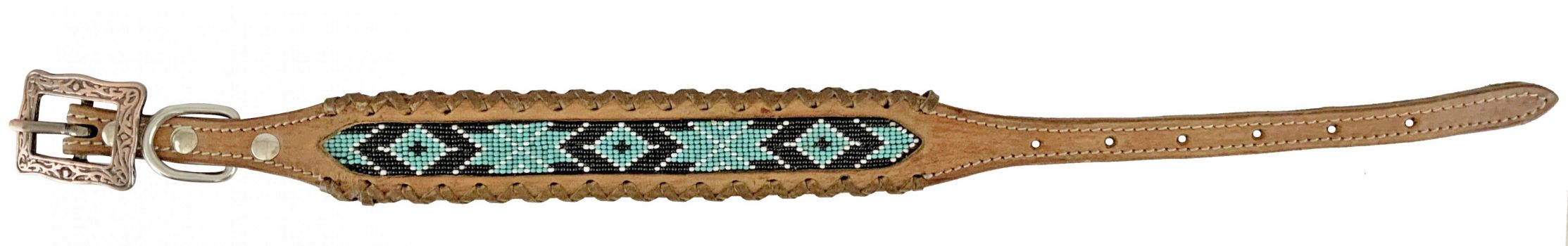 Showman Couture Genuine leather dog collar with beaded inlay - black, white, and teal