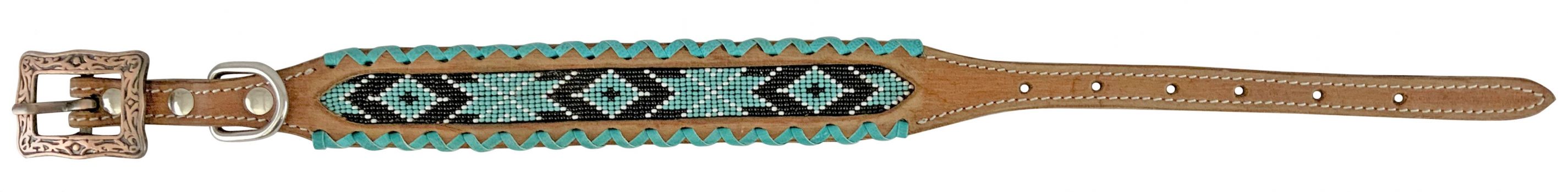 Showman Couture Genuine leather dog collar with beaded inlay - turquoise whipstitching