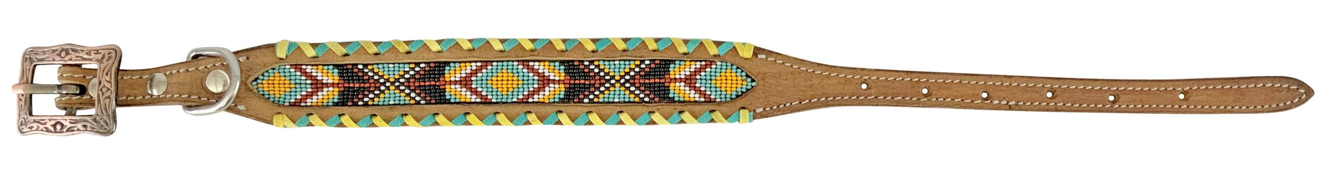 Showman Couture Genuine leather dog collar with beaded inlay - teal and yellow whipstitching